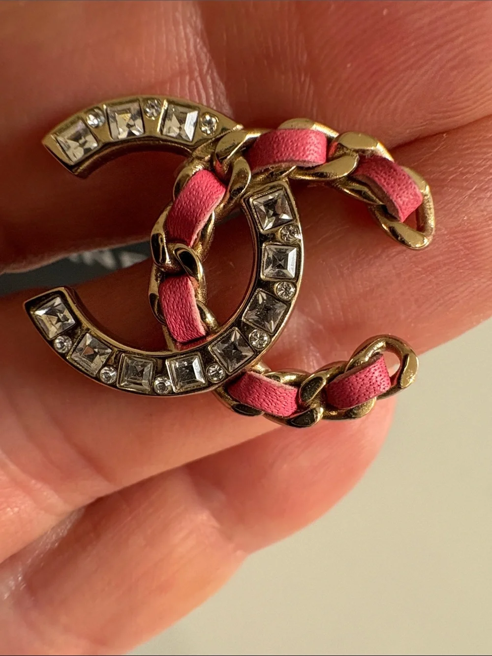 CHANEL Pink and Gold Crystal Interlocking CC Pierced Earrings